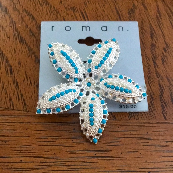 Vintage Jewelry - Vintage “Roman Brand” Silvertone Blue Bead and Seed Pearl Starfish Brooch